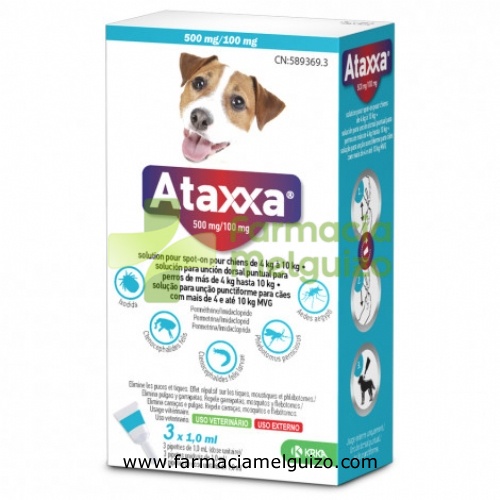 ATAXXA 500 mg/100 mg SOLUCION PARA UNCION DORSAL PUNTUAL PARA PERROS DE MAS DE 4 kg HASTA 10 kg