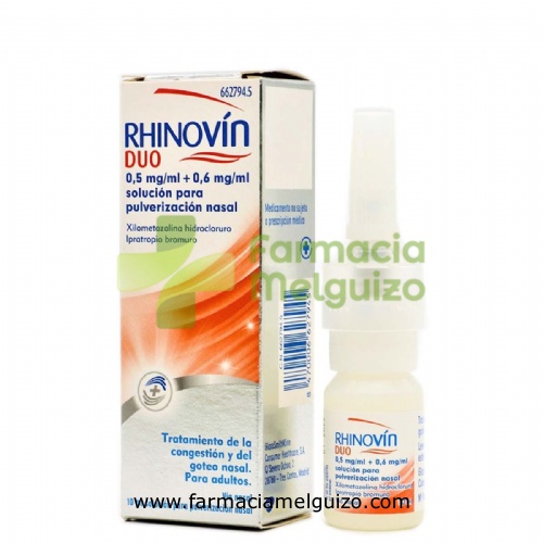 RHINOVIN DUO 0,5 mg/ml + 0.6 mg/ml SOLUCION PARA PULVERIZACION NASAL , 1 envase pulverizador de 10 m