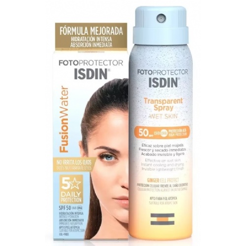 Isdin fusion water 50 ml+ transparent spray wet skin 250 ml 20% dto